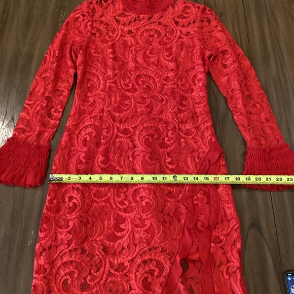 Alexis Red Fala Lace Sheath long sleeve cocktail formal Midi dress L - Picture 10 of 11